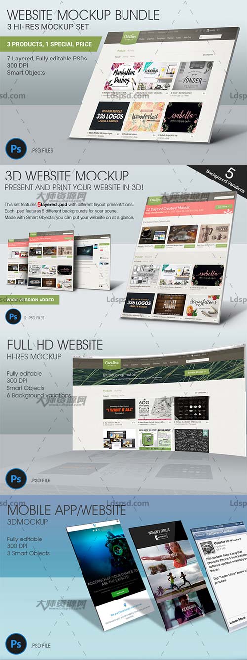 Website Mockup Bundle,PC网站及APP网站展示模型